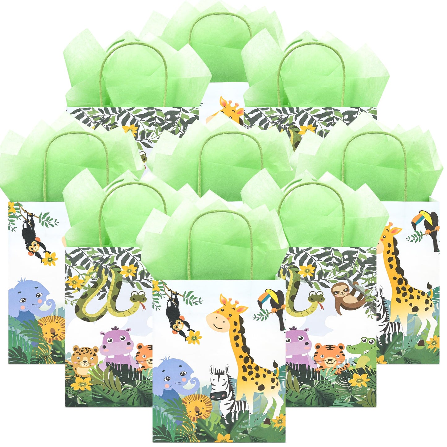 36 Pack Medium Jungle Safari Woodland Animal Themed Paper Gift Bags with Handles and Green Tissue Paper for Birthday Baby Shower Party Favors Goodies Treats, 10x8x4 Inch (2 Assorted Designs)