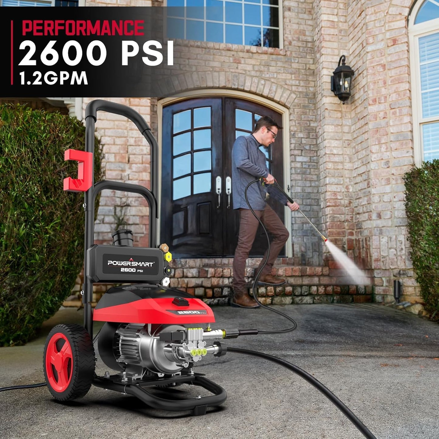 PowerSmart max 2600 PSI Electric Pressure Washer, 2.0 GPM 1600W with 27FT Hose, 35FT Power Cord, 5 Nozzles, and 1500ml Foam Cannon for Car, Patio, and Fence Cleaning