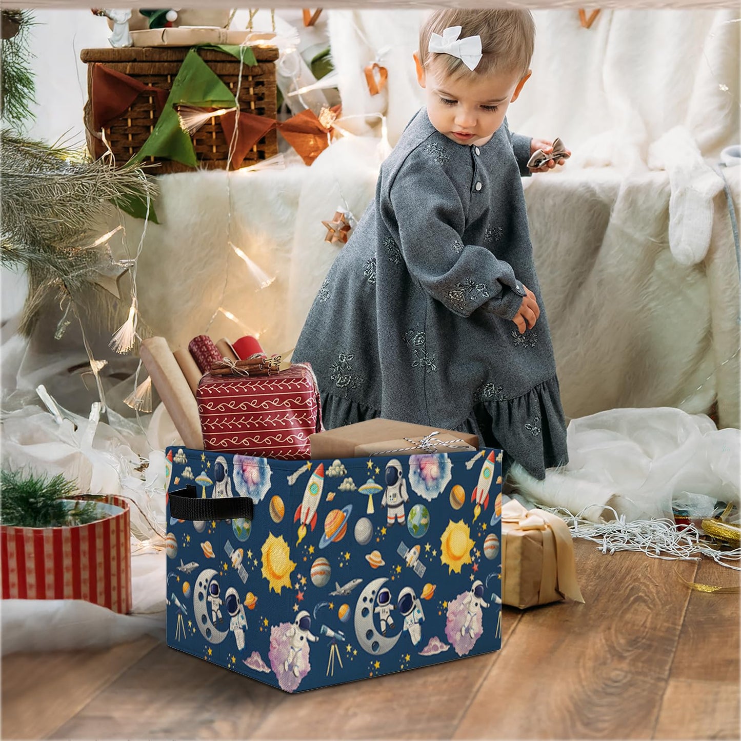 Elefeltclave Space Planet Nursery Storage Bins Rocket Astronaut Galaxy Storage Basket Organizer for Classroom Kids Room Nursery Playroom Clothes Toys Books,Toybox for Girls，Space Themed Bedroom Decor