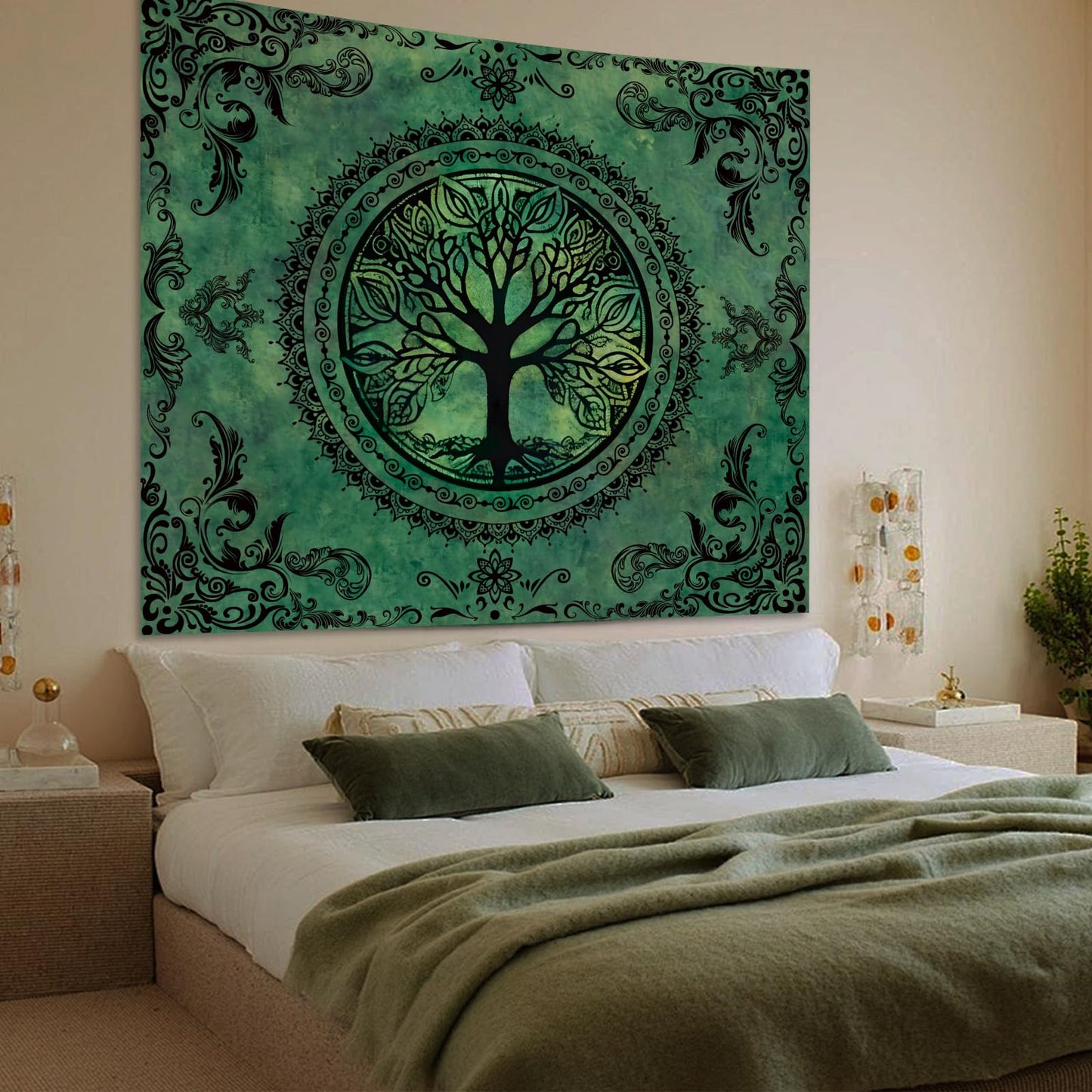 Apdidl Green Nature Tapestry for Bedroom Aesthetic, Hippie Ceiling Tree of Life Decor Tapestries Wall Hanging, Boho Bohemian Mandala y2k Art Backdrop for Dorm Living Room (51"X60")