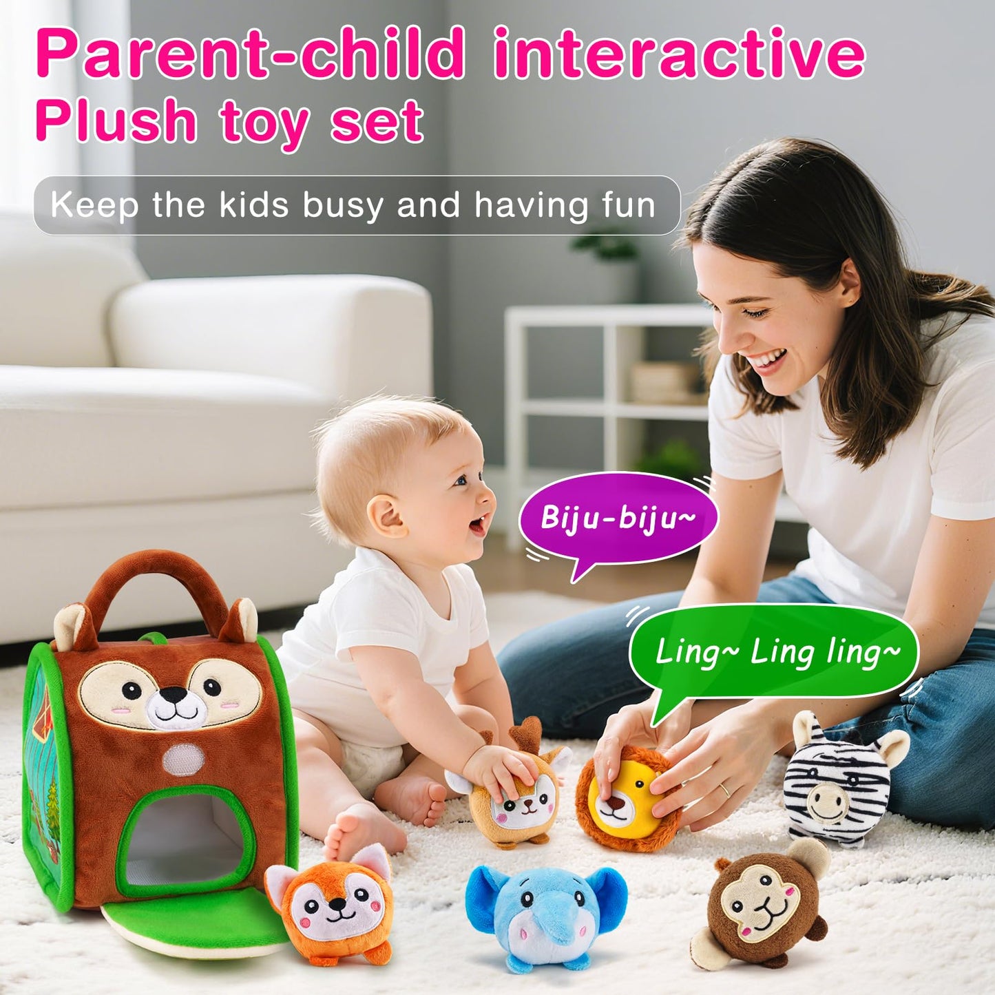 NECTAR BABY Soft Baby Sensory Toys - Squirrel Barn with 6 Stuffed Zoo Animals - Rattles, Crinkles, Squeak, Mirror - Montessori Toys for 6-12 Months Infant & 1-3 Years Toddlers Gifts & Travel Toy