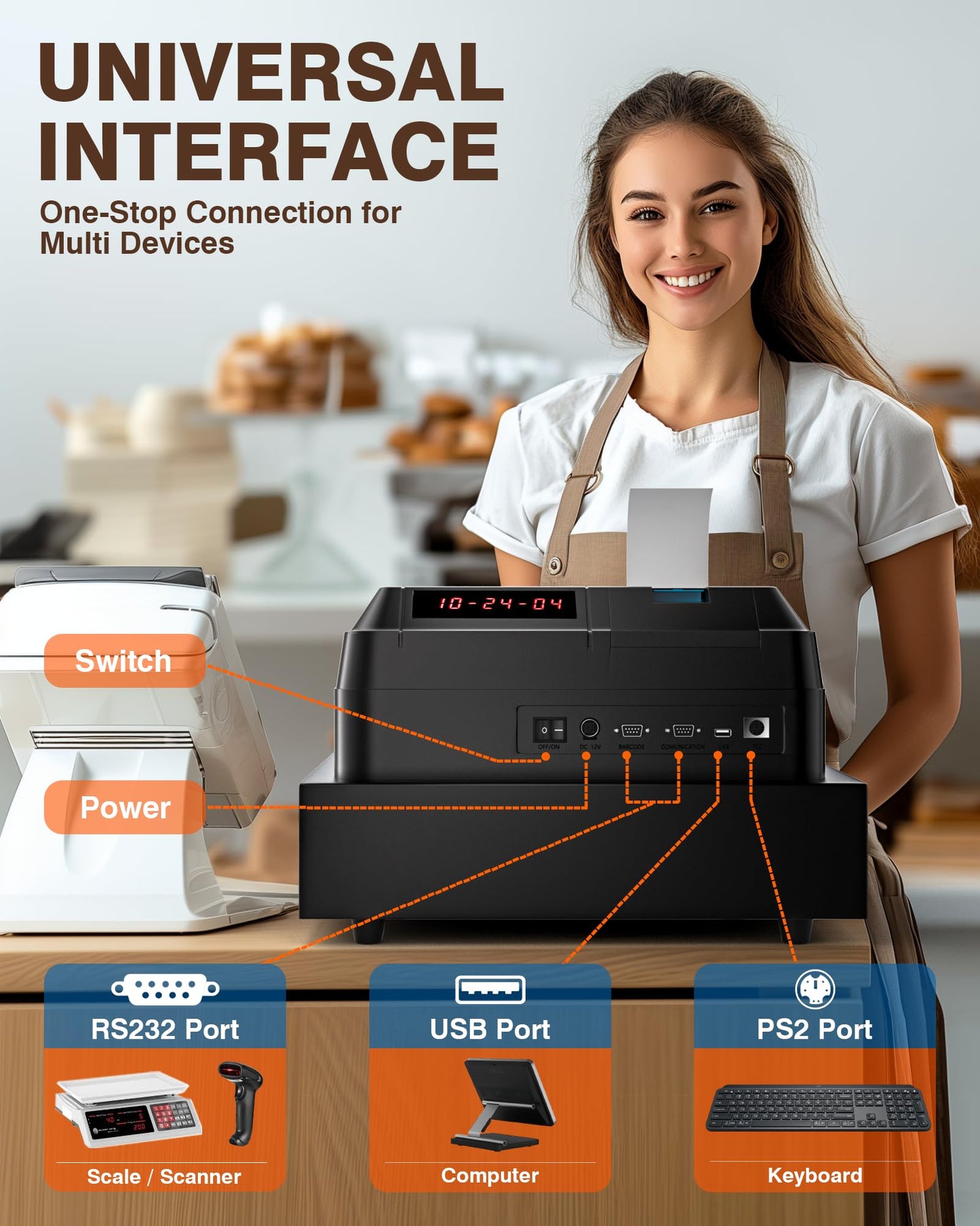 PYY Cash Register for Small Businesses - Electronic Commercial Caja Registradora para Negocio with Black Locked Cash Drawer Box, 8 Digital Dual Display, 48 Keys, Restaurant Supermarket Retail System