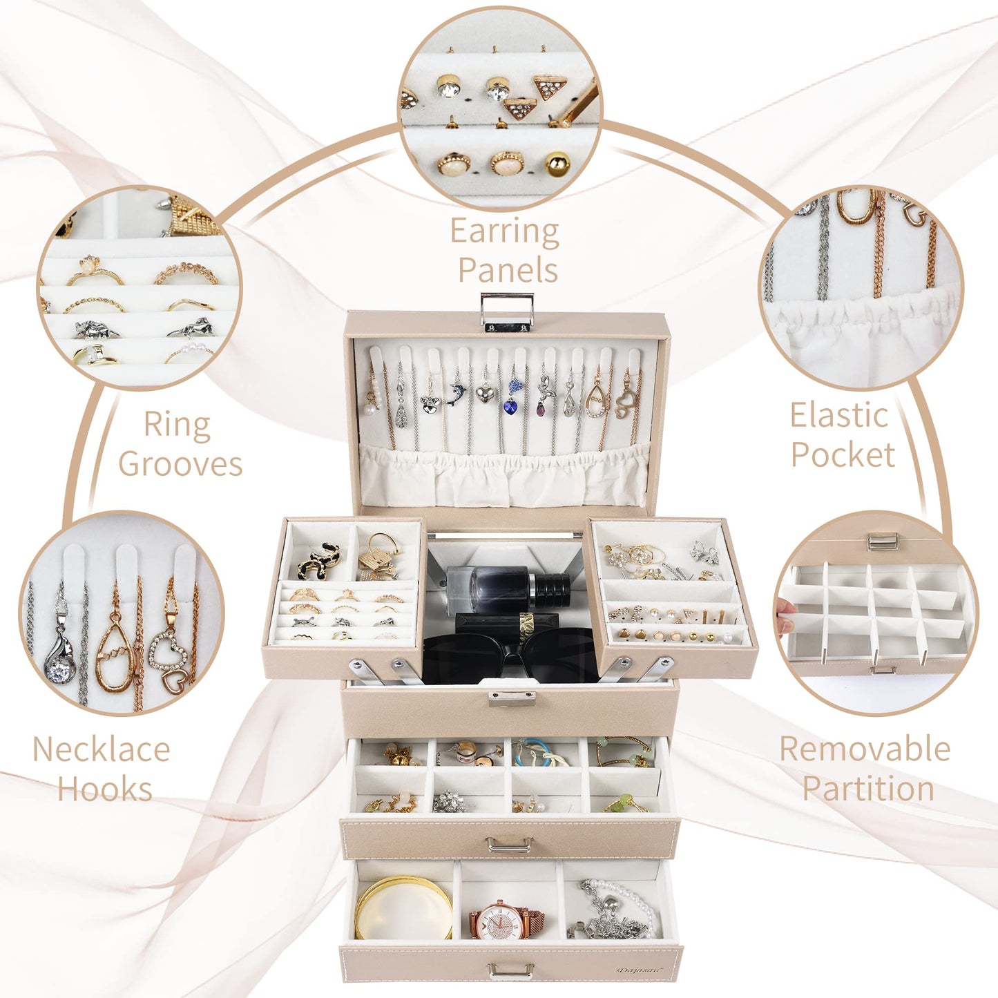 Dajasan Jewelry Organizer Box, Large Jewelry Boxes for Women Girls, Space-Saving 4 Layers Jewelry Storage Case with Drawer, Movable Metal Stand, Modern, Gift Idea (Champagne + Silver)