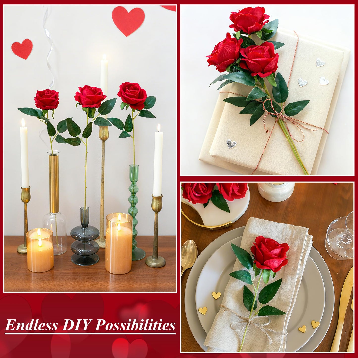 HyeFlora 50 PCS Red Roses Artificial Flowers, Fake Roses with Stems Realistic Silk Roses for DIY Wedding Bouquets Tables Centerpieces Arrangements Party Baby Shower Birthday Home Decor Gift for Her