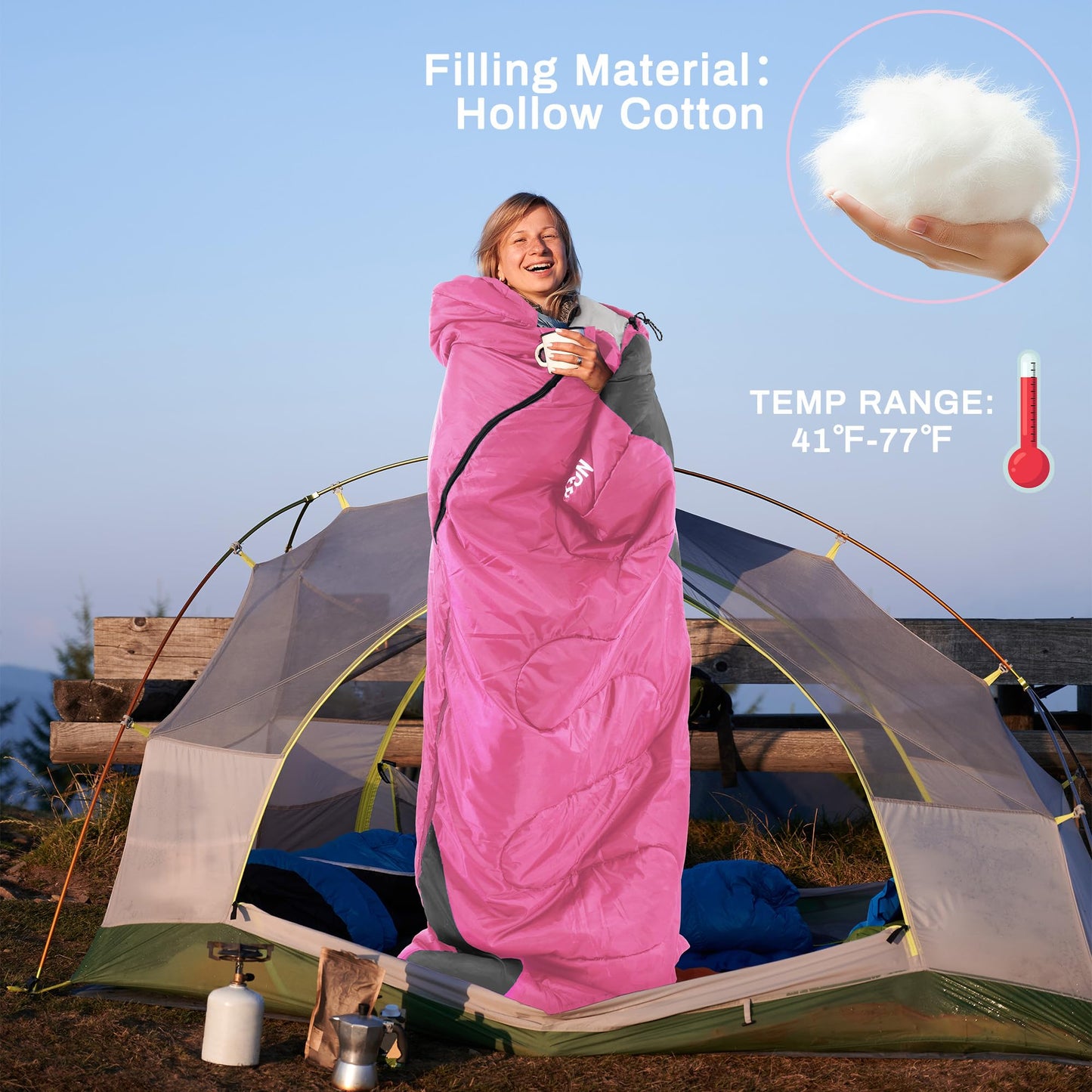 Elevon Sleeping Bag for Adults Teens Kids Cold Warm Weather, Portable Waterproof & Lightweight, Pink
