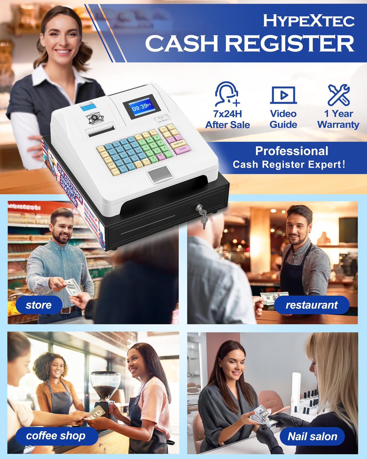 2025 HypeXtec Smart Cash Register with Cash Drawer&Scanner for Small Business,Waterproof&Oil-Proof Electronic Cash Registers Dual Display and Auto Print Receipt