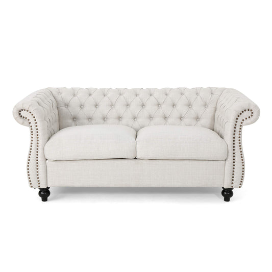 Christopher Knight Home Karen Traditional Chesterfield Loveseat Sofa, Beige and Dark Brown, 61.75 x 33.75 x 27.75