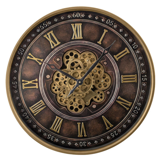 Wemily 24 Inch Copper Brown Industrial Steampunk Wall Clock with Real Moving Gears, Metal Oversized Gear Clock with Tempered Glass, Silent Quartz Vintage Farmhouse Decor
