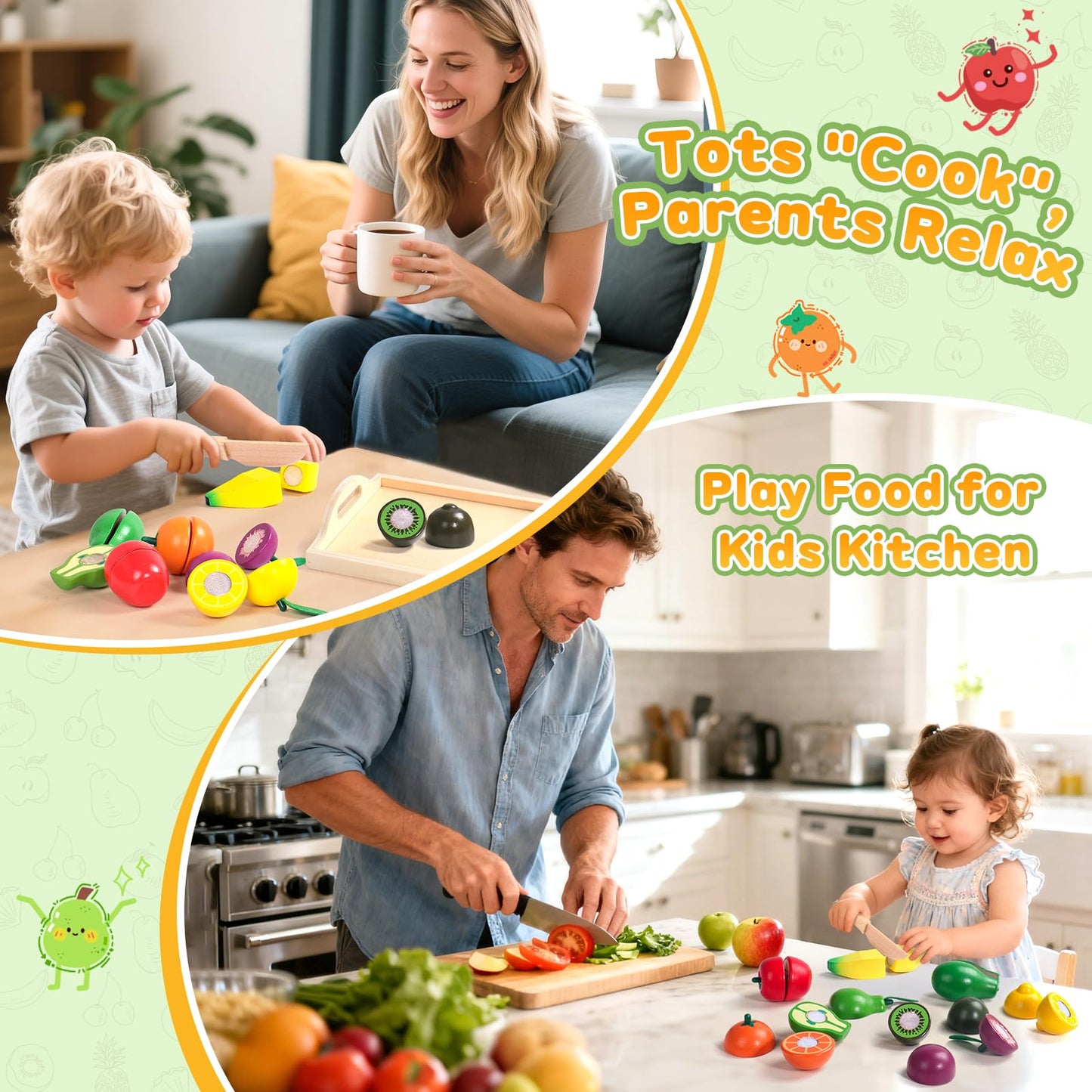 Fajiabao Wooden Play Food for Kids Kitchen Montessori Toys for 2 Year Old Girls & Boys Wood Cutting Fruit Set with Tray Fine Motor Skills Educational Toddler Gifts 2 3 4 5 6