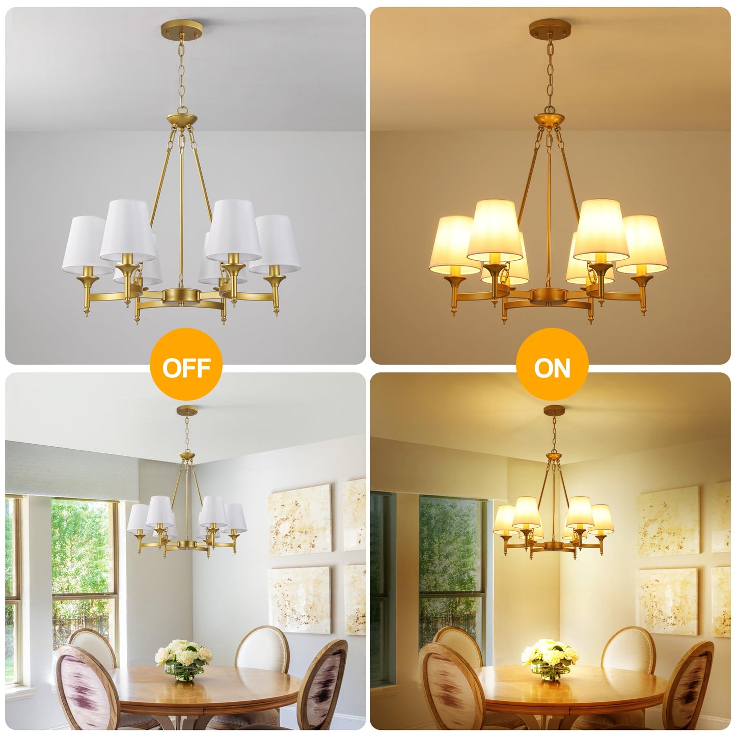 CNRATYE Gold Chandelier with White Shades, 6-Light Modern Farmhouse Chandeliers for Dining Room, Rustic Round Hanging Light Fixture for Kitchen Island Bedroom Office Living Room Entryway