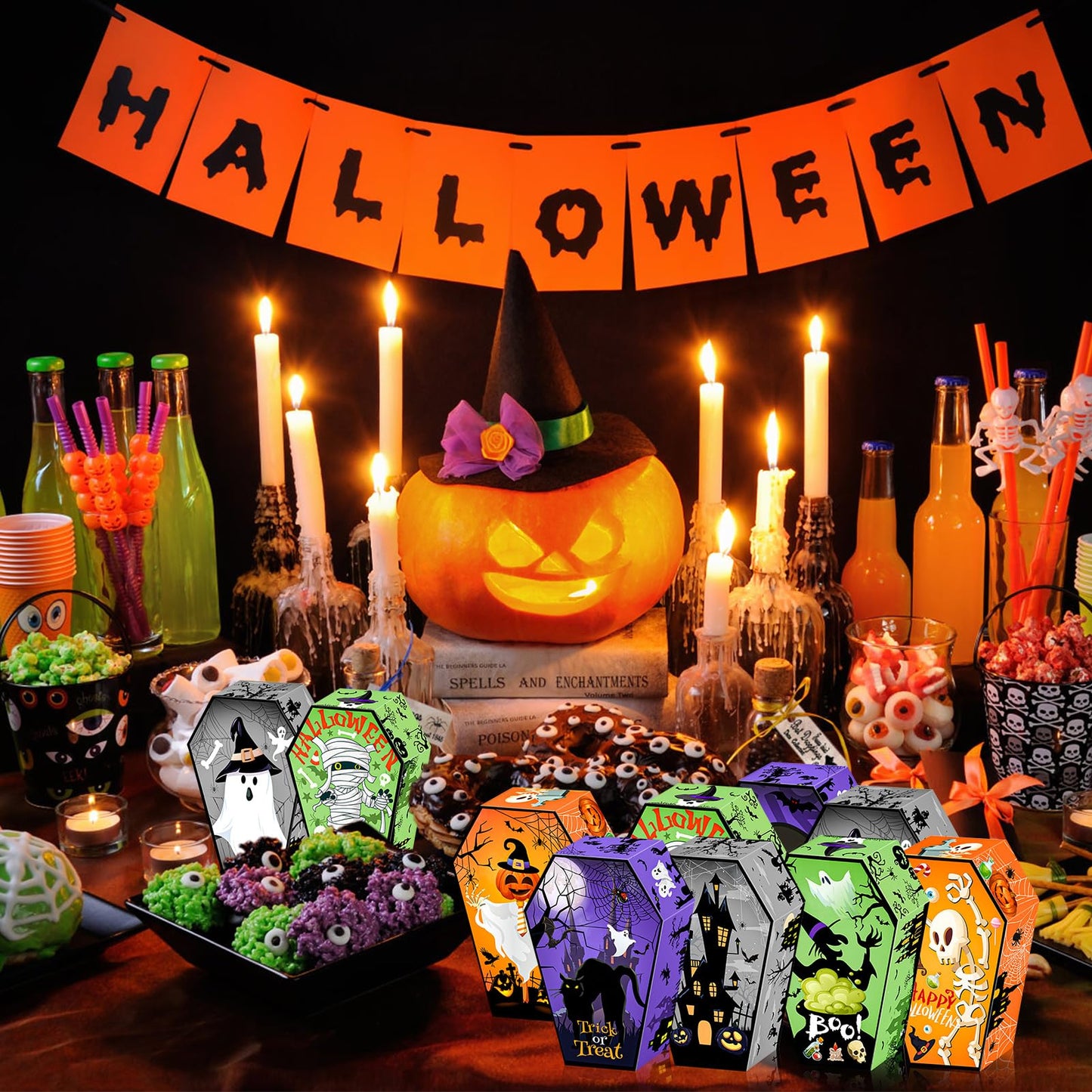 HOWAF 12 PCS Halloween Candy Boxes Coffin Shape Treat Paper Boxes Skull Bat Ghost Goodie Boxes for Happy Halloween Party Decoration Supplies Spooky Halloween Trick or Treat Gift Box