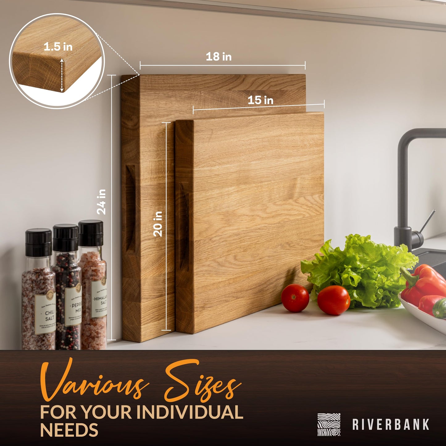 Riverbank Solid Wood Oak Butcher Block Cutting Board in Extra Large XL Size 24"x18"x1.5", Reversible Wooden Chopping Board with Handles, Gift Box Included