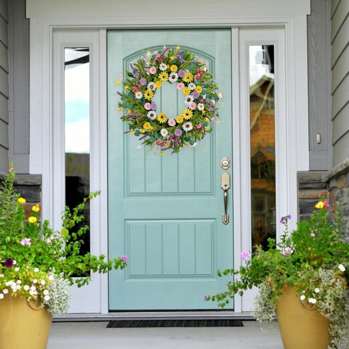 MAINGKAUNG Spring Wreath 22 Inch Artificial Summer Wreath with Yellow Daisy Flowers Green Eucalyptus Leaves Lavender Spring Wreaths for Front Door Home Farmhouse Porch Wall Easter Festival