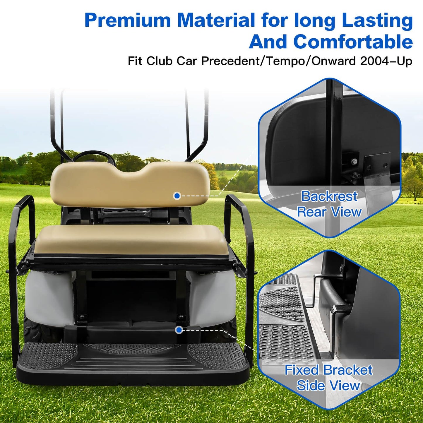NOKINS Golf Cart Rear Seat Kit, Back Flip Seat for Club Car Precedent/Tempo/Onward 2004-Up, 1.25-Inch Square Steel Frame, Integrated Seat Belt Mounts, UV-Resistant, High-Density Foam Padding(Buff)