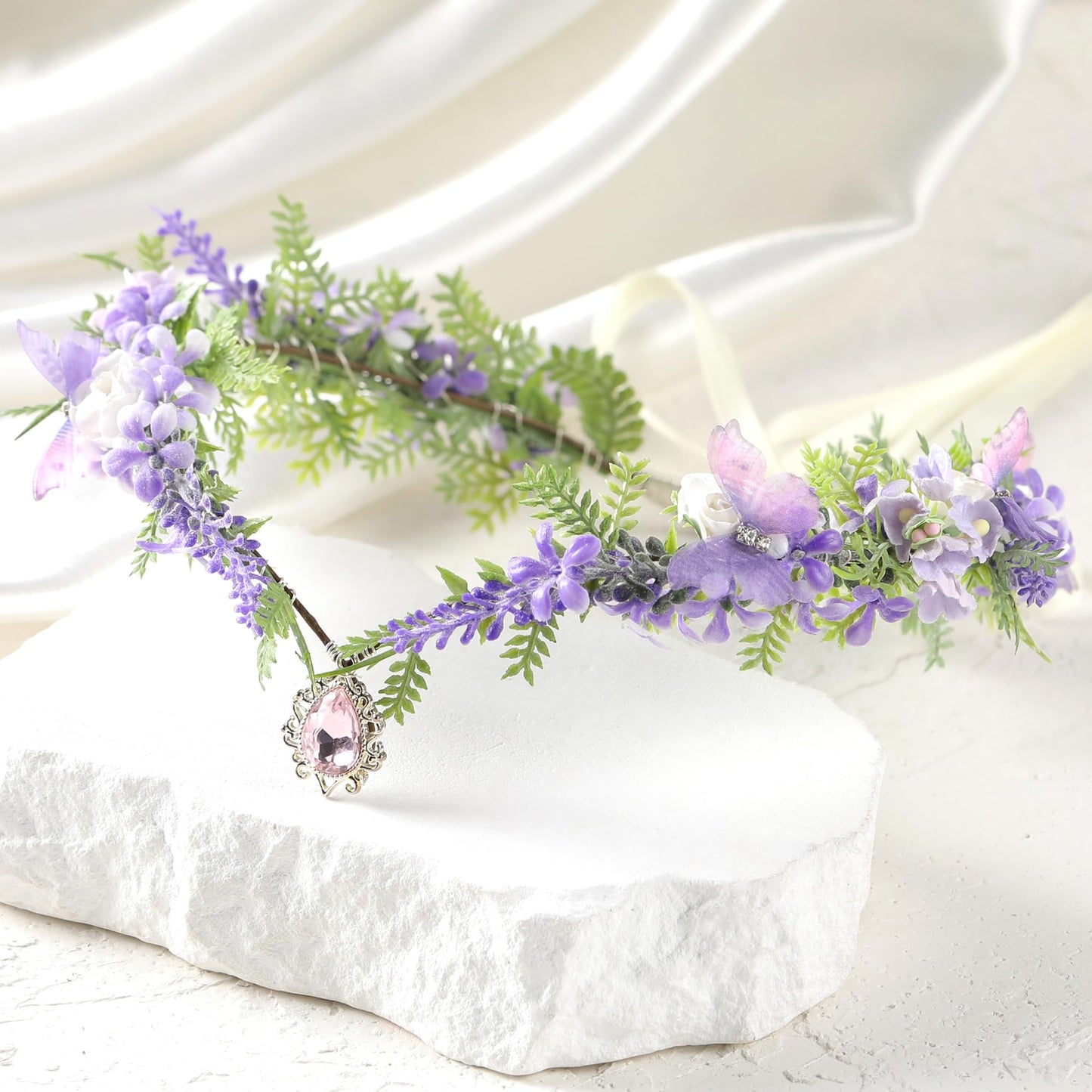 MOSTORY Purple Flower Elf Crown - Woodland Fairy Headpiece with Butterflies for Renaissance Costume Women Cosplay, Forest Floral Circlet for Renfaire Outfit Cosplay Fantasy Photo Shoot