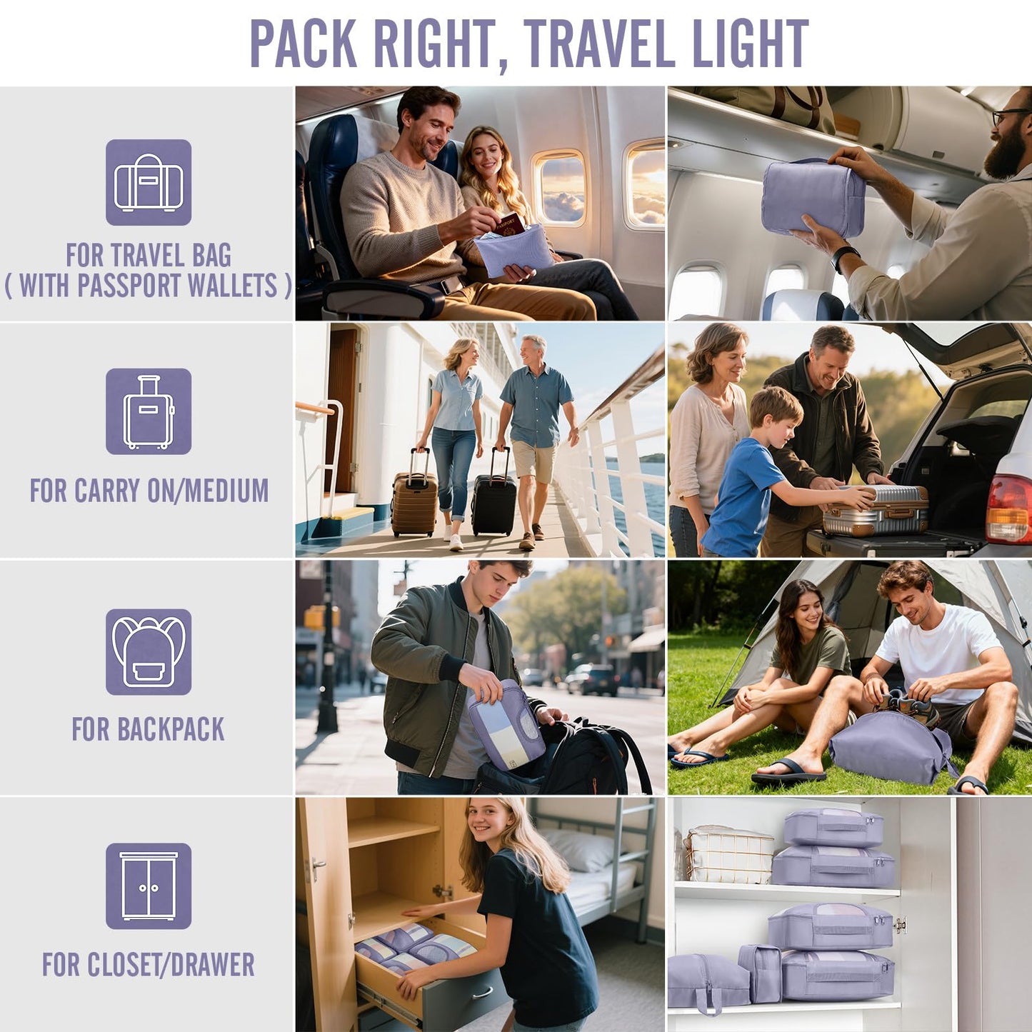 Veken 8 Set Packing Cubes for Travel Essentials, Suitcase Organizer Bags in 4 Sizes, Carry-On Luggage Accessories with Large Laundry & Hanging Toiletry Bag, Must-Have for Airplane, Road Trip & Camping