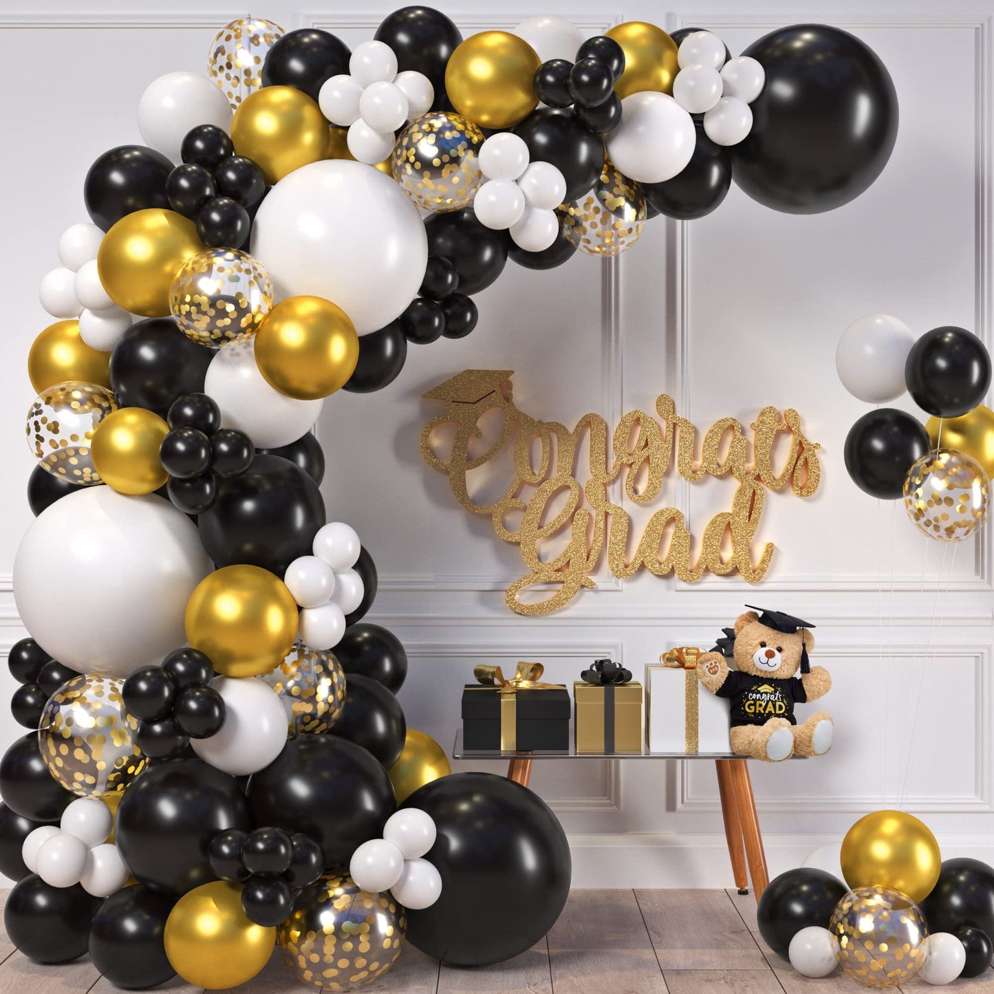 ALL-IN-1 Black White Gold Balloons Garland Kit & Arch – Small and Large Black White and Gold Balloons with Confetti – Black and Gold Party Decorations for Graduations, New Years, Birthday