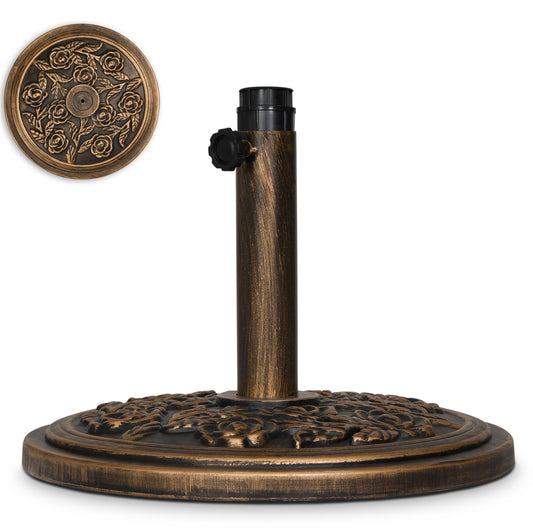 Backyard Expressions 20 lb Patio Umbrella Base Stand, Decorative Rose Medallion Antique Bronze Finish, Fits 1.5–1.9 in Poles w/Adapters, 18 in Round Weighted Outdoor Umbrella Holder for Deck & Table