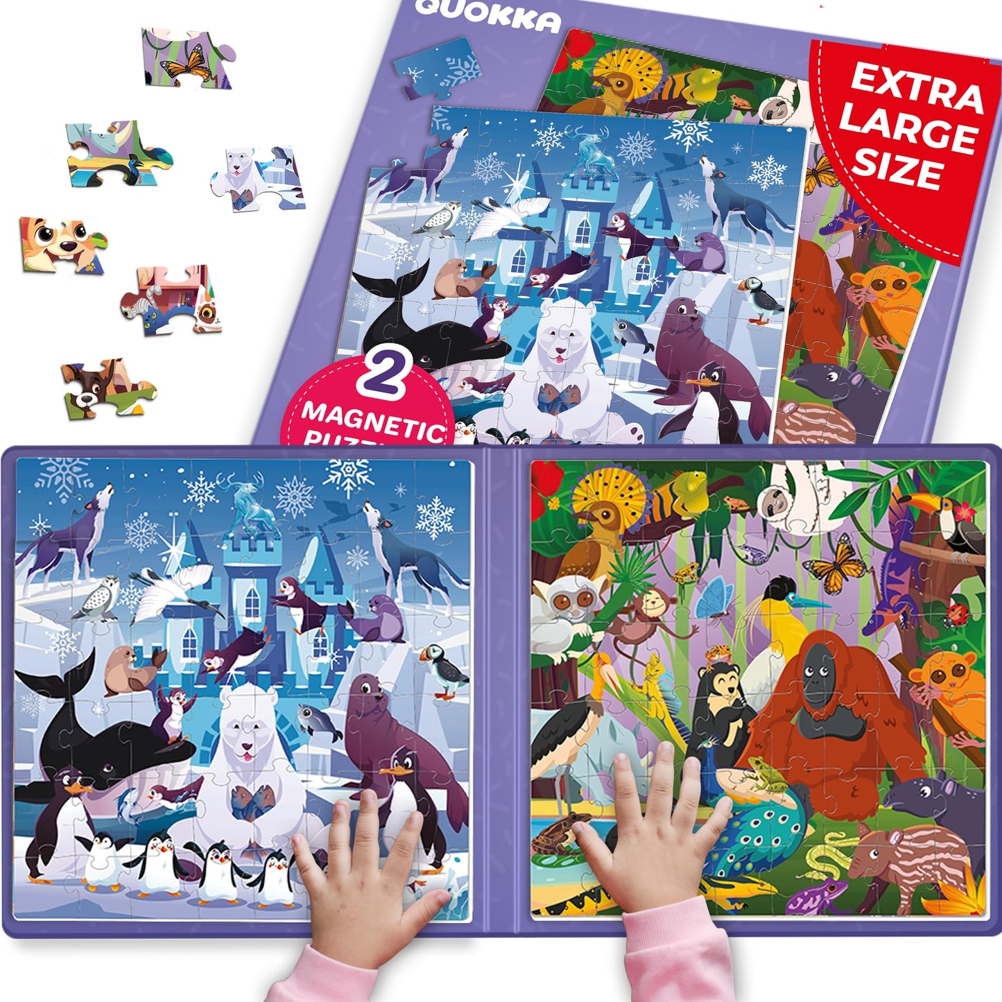 QUOKKA Magnetic Puzzles for Toddlers 3-5 – 2x48 Pieces Travel Games for Kids 2-4 – Polar & Jungle Animals Learning Magnetic Puzzles for Kids Ages 4-8 – Educational Puzzle Gift Toy for Boys and Girls