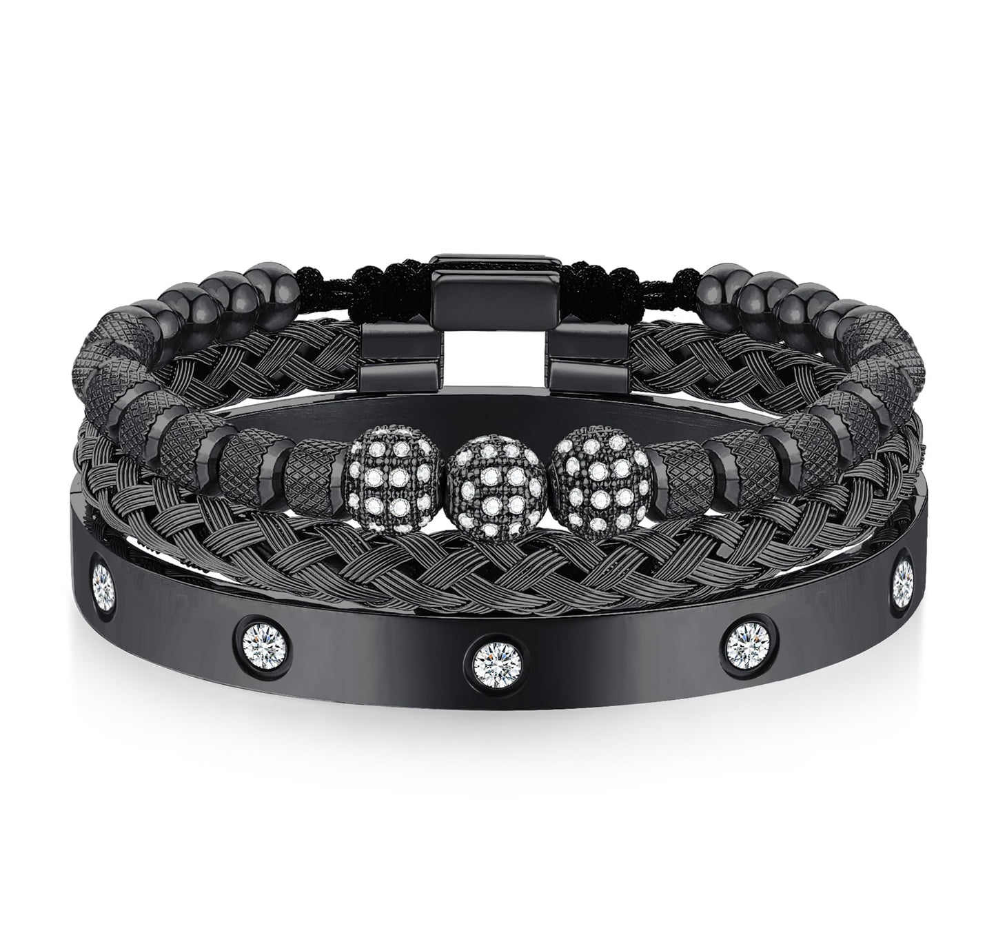 WFYOU 3PCS Stainless Steel Bracelets for Men Gold Roman Numeral Bangle Bracelet Twisted Cable Bracelet Adjustable Cuff Bracelet Mens Luxury Jewelry Bracelets Gifts(N:Black-CZ Round Beads)