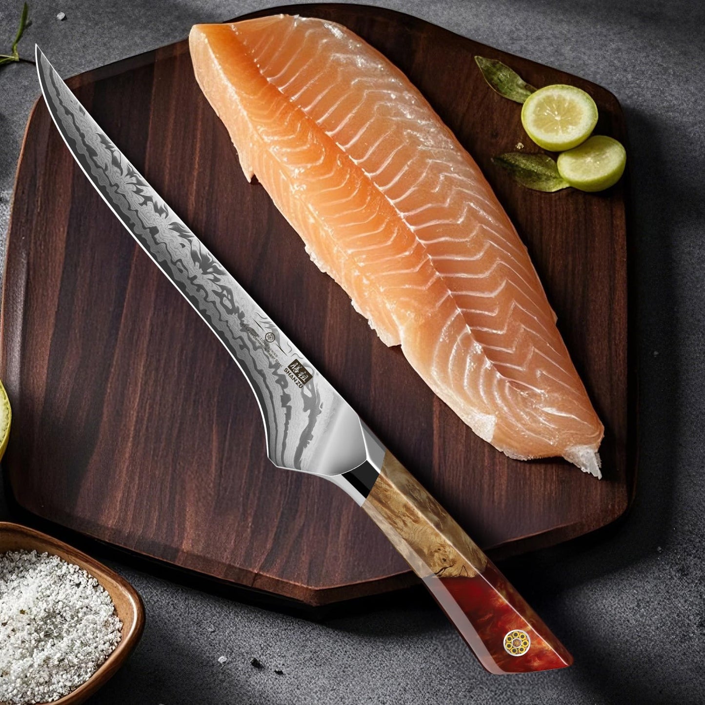 SHAN ZU Damascus Fillet Knife, SG2 Powder Steel Japanese Kitchen Knife, 7 inch Hand Forged 91 Layers Damascus Steel Ultra Sharp Knife with Ergonomic Maple Handle