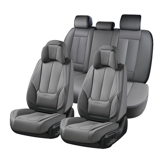 Coverado Universal Seat Covers Full Set, 5 Seats Universal Seat Covers for Cars, Waterproof Nappa Leather Car Seat Covers with Head Pillow, Auto Protectors Fit for Most Sedans SUV Pick-up Truck-Gray
