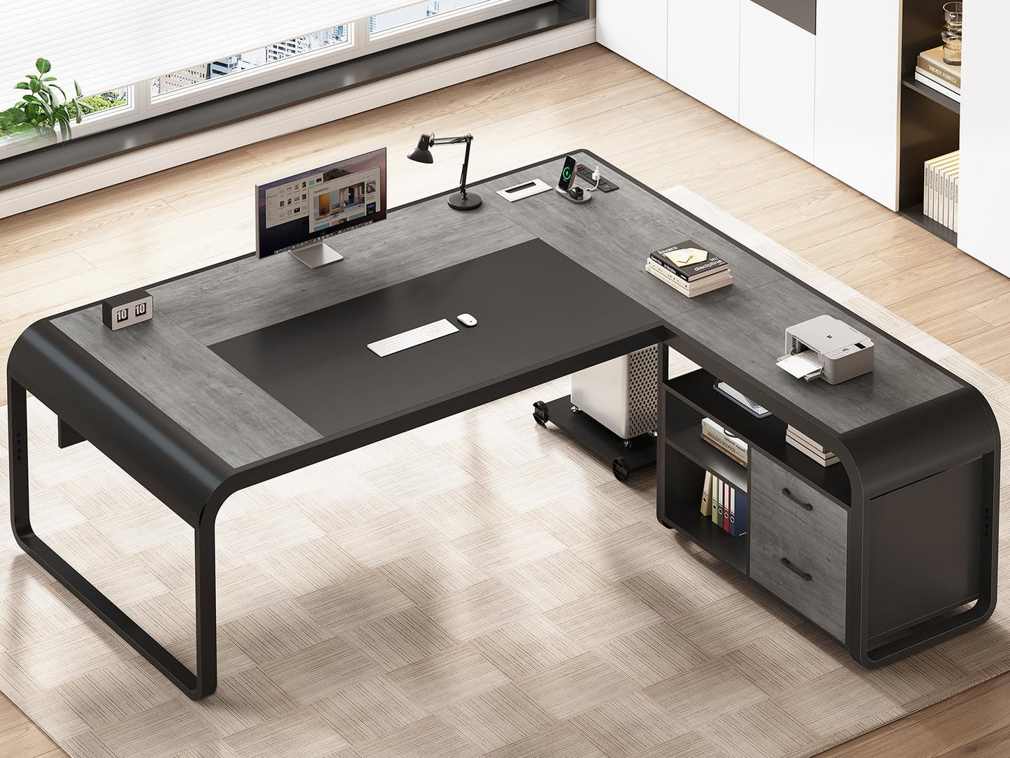 SEDETA 61 Inch Executive Desk, Large Office Desk with File Drawer, L Shaped Desk with Drawers, Computer Desk with Mobile CPU Stand, Storage Shelves, Power Outlets for Home Office, Gray