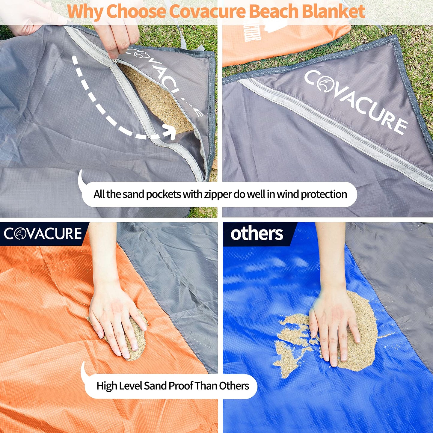 covacure Extra Large Beach Blanket Sandproof Waterproof - 108"x85" for 7-8 Adults, Oversized Beach Mat with Zipper Pockets, Lightweight Outdoor Accessories for Camping, Travel (Orange-M, 108"x85.2")