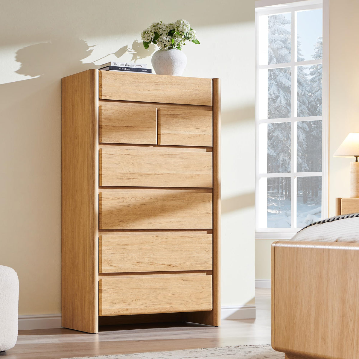 wow97e Modern 7 Drawers Dresser for Bedroom, 54.7" Tall Large Dresser & Chests of Drawers w/Rounded Corner, Wood Handleless Organizer Dresser w/Natural Texture for Bedroom, Living Room-Natural