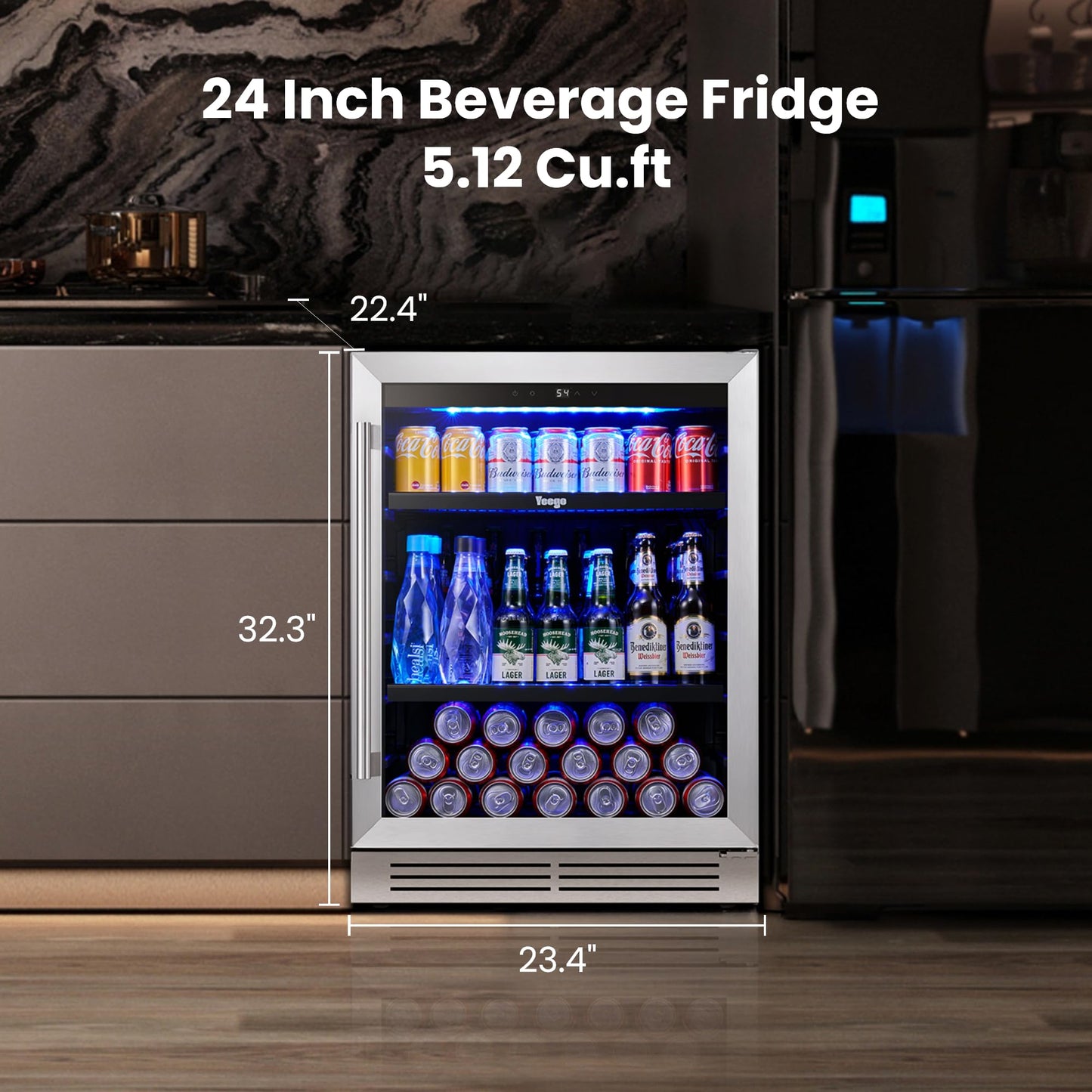 Yeego Beverage Refrigerator & Drink Fridge - 24 inch 180 Cans Beer Cooler Glass Door, 34-54℉ Under Counter Refrigerator Built-in for Drink Soda Wine for Bar Office Bedroom