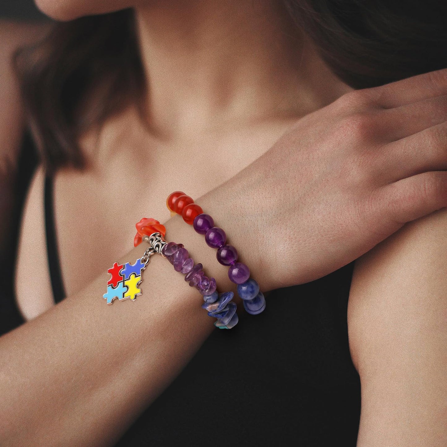 GolbalJew Autism Awareness Bracelets for Women Colorful Puzzle Charm 7 Chakra Gemstone Beads Bracelet Natural Stone Autistic Gifts Jewelry