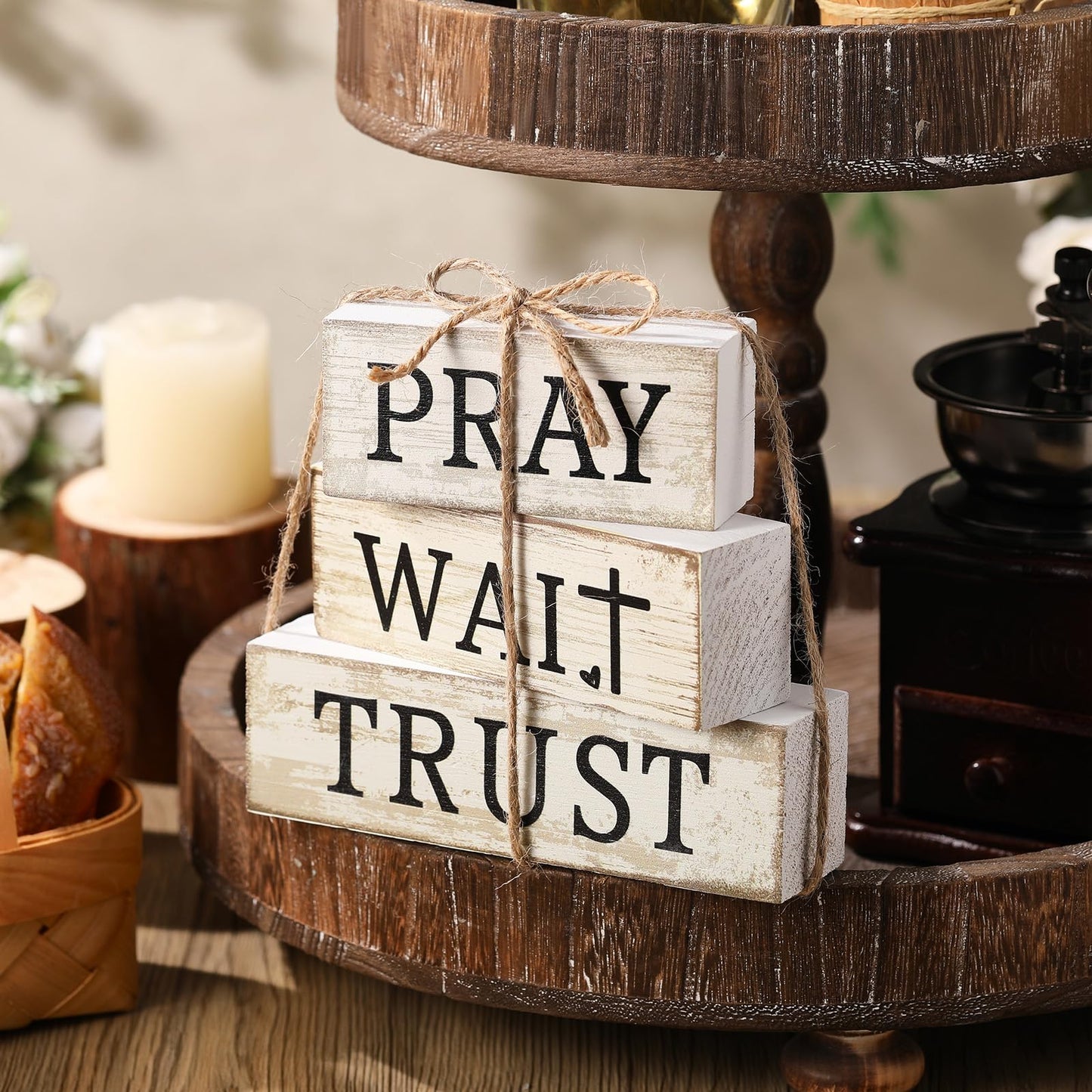 CroBlissful 4 Pcs Farmhouse Wooden Tabletop Decor Bible Verse Decorative Sign Inspirational Religious Christian Table Decor Pray Wait Trust Centerpiece Easter Gifts for Home Kitchen Shelf Mantle