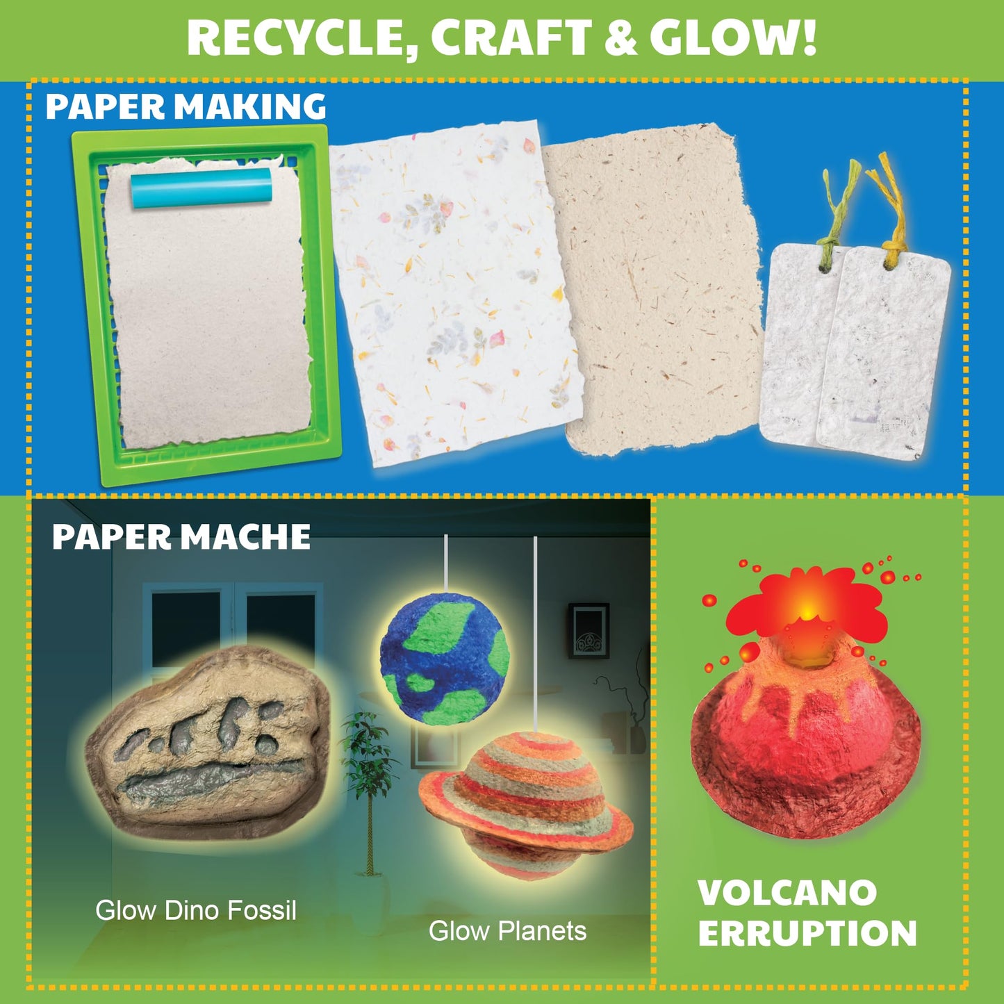 Earth Day Green Science - Paper Making Kit - Recycle and Create Your Own - Paper Making Screen - Green DIY Craft Stem Toys Kit for Kids - Includes Molds, Paints, and Glow-in-the-Dark Features