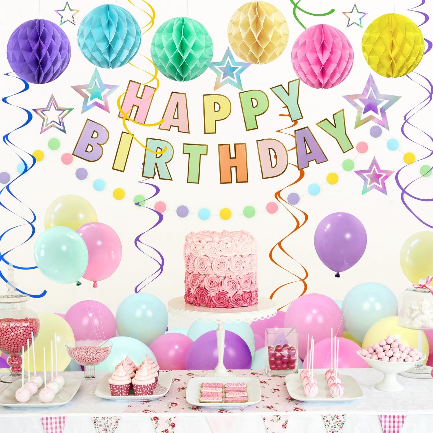 ZERODECO Birthday Decorations, Easy to Assemble Pastel Happy Birthday Banner with Honeycomb Ball, Balloon, Hanging Swirl Streamer, Garland, Happy Birthday Party Decorations for Women Girls Kids
