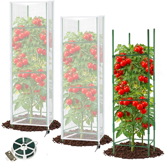 3 Set Square Tomato Cage with Plant Cover Net 47'' Tall Plant Support Structures for Vegetables Large Climbing Plants Trellis Stakes for Garden, Pots, Raised Garden Bed Outdoor Supplies