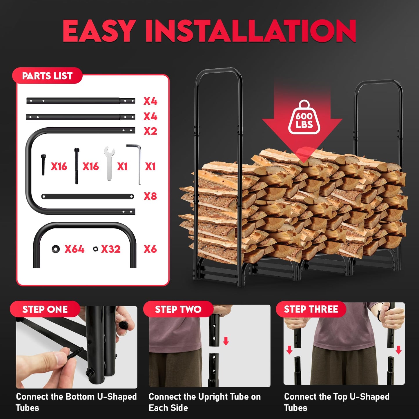 Zettum 4ft Firewood Log Rack with Cover - Outdoor Wood Stand Holder with Cover Heavy Duty, 4 Feet Metal Fire Wood Pile Organizer and Cover Combo Set for Fireplace Storage (48 x 14 x 48 Inch)