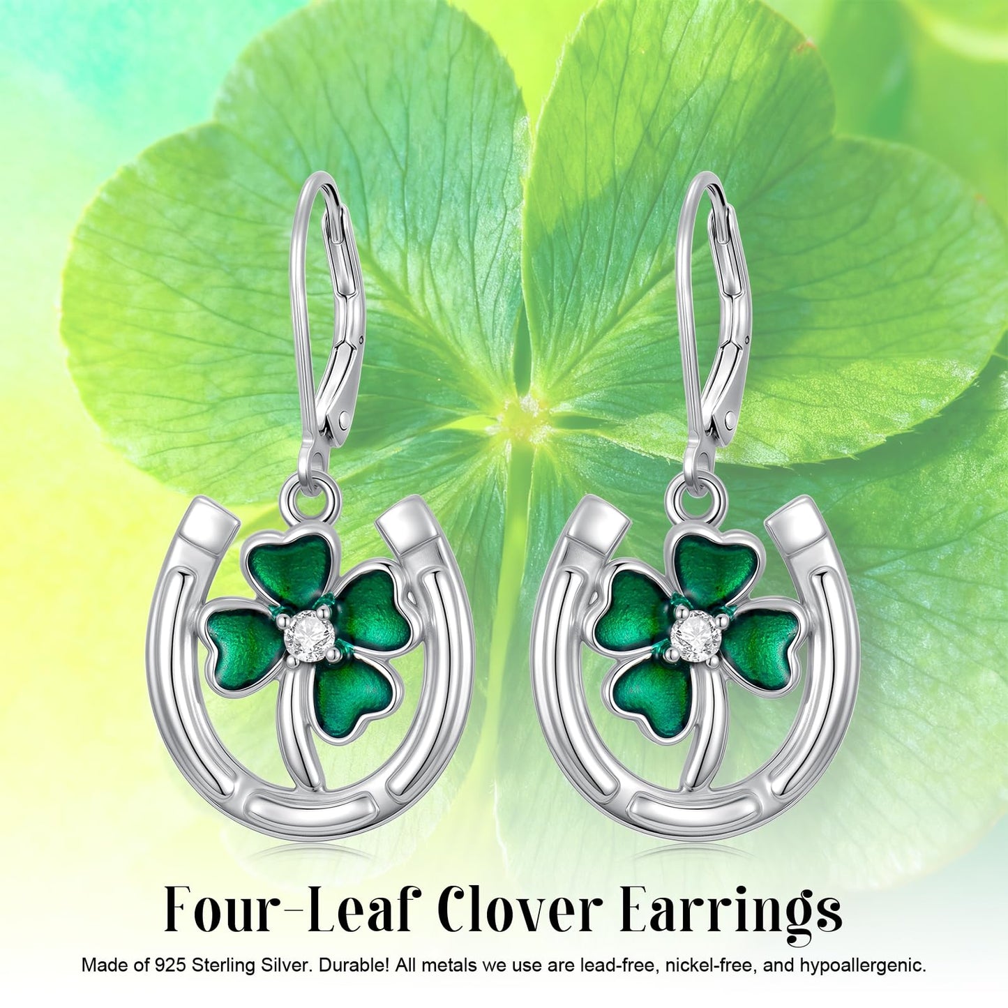 YYmqmq Horseshoe and Clover Earrings for Women 925 Sterling Sliver Shamrock Clover Dangle Earrings Leverback St Patricks Day Jewelry Irish Jewelry Gifts for Women Girlfriend