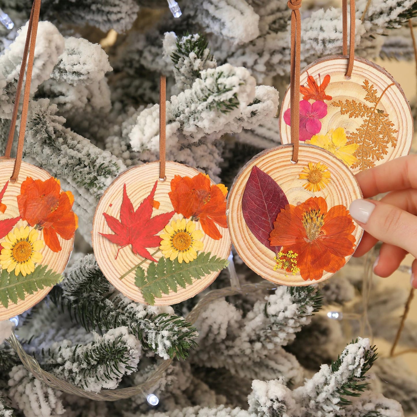 Maasechs 20 Set Spring DIY Wooden Crafts with Dried Pressed Flowers Leaves Unfinished Wood Slices Hanging Ornaments for Art Project Craft Wedding Home Decoration Gifts(Warm)
