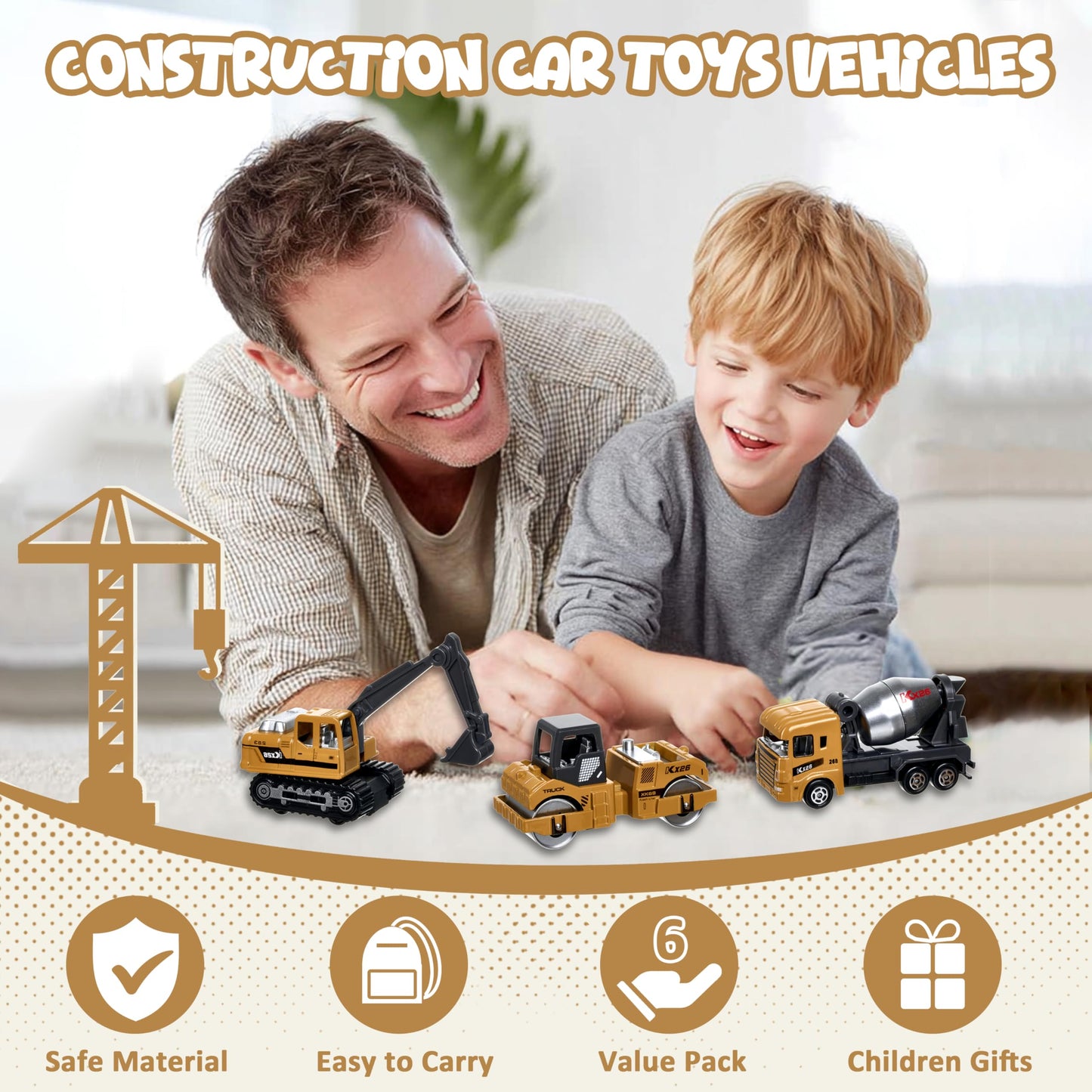 Construction Trucks Vehicles, 6Pcs Die-cast Construction Toys Set, Toys for Boys, Mini Excavator Mixer Truck Bulldozers Forklift Dump Truck,Roller, Car Playset Gift for Boys Age 3-9