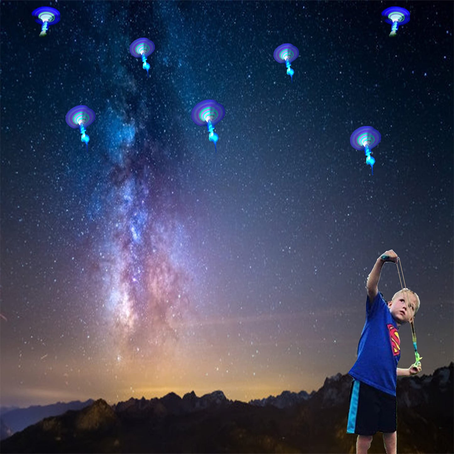 TOYARA Amazing Led Flying Toys for Toddler -12 PCS Light up Slingshot LED Helicopter Toy - Arrow Planes Glow in The Dark Party Favors for Kids Summer Toys Outdoor Game Birthday Gifts for Kid 8-12