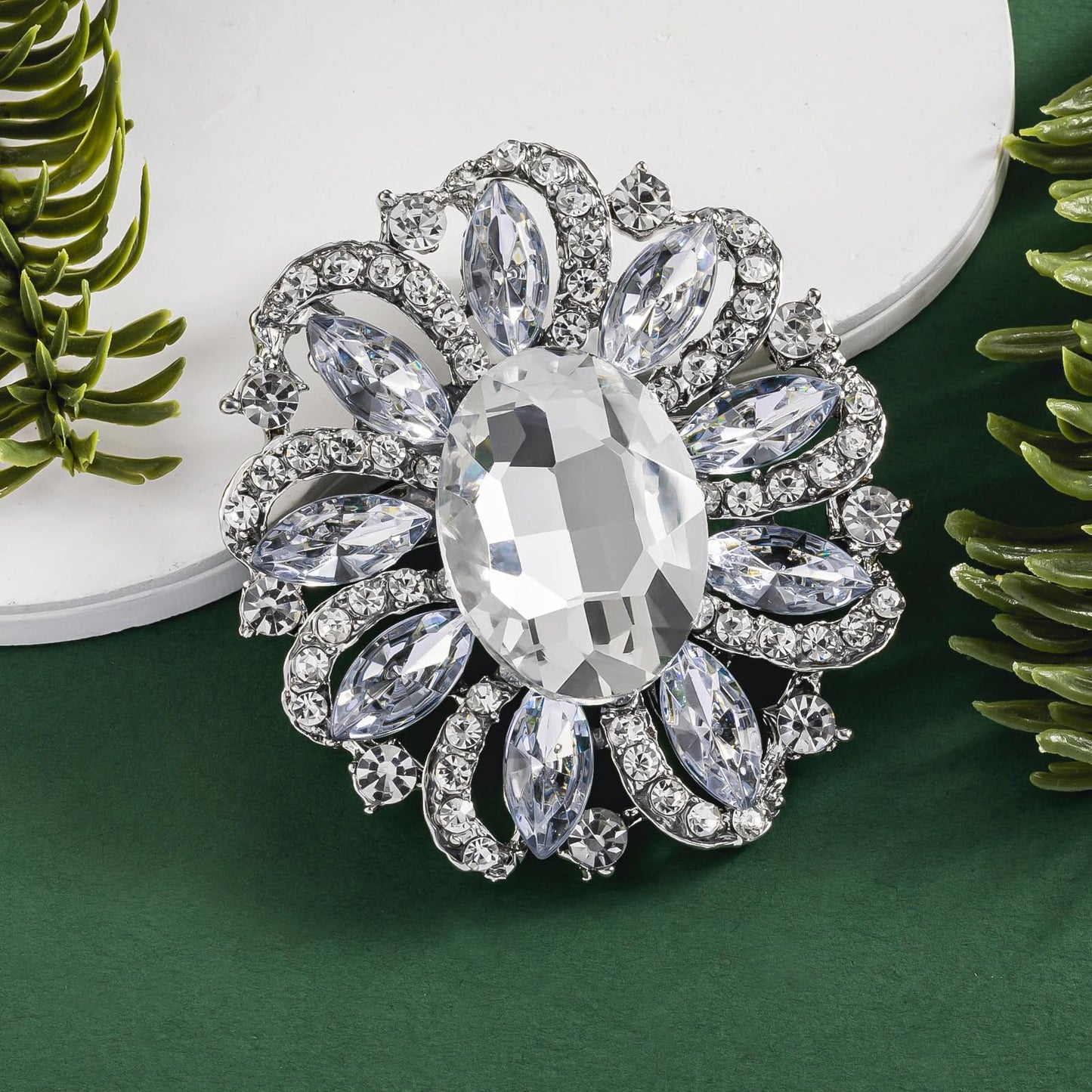 SELOVO Crystal Brooch with Oval Center Stone Sparkling Rhinestone Vintage Flower Design Wedding Bridal Pin Silver Tone