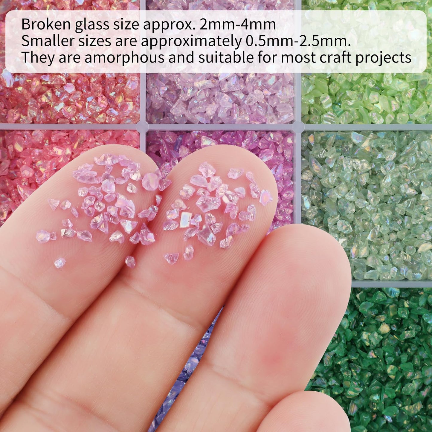 24 Colors Iridescent Crushed Glass Craft Glitter 240g,2-4mm Craft Small Broken Glass Pieces Irregular Metallic Crystal Chips Chunky Flakes Sequins for Resin Art, Epoxy Jewelry, Nail Art, Vase Filler