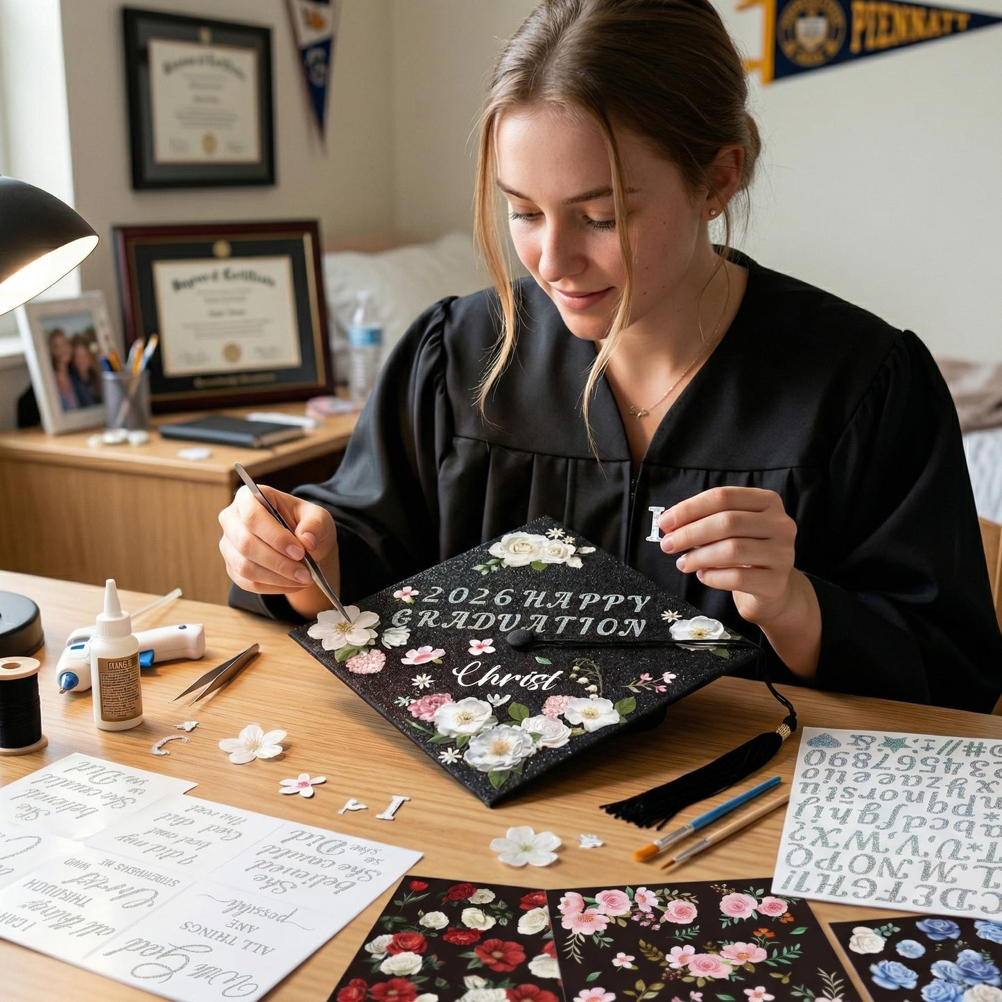 VISSTREE DIY Graduation Cap Decorations, 15 Pcs 2026 Grad Cap Decorations Kit with Glitter Religious Saying Alphabet Sticker Flower Stickers for Class of 2026 Craft Gifts Graduate Party Decor Supplies
