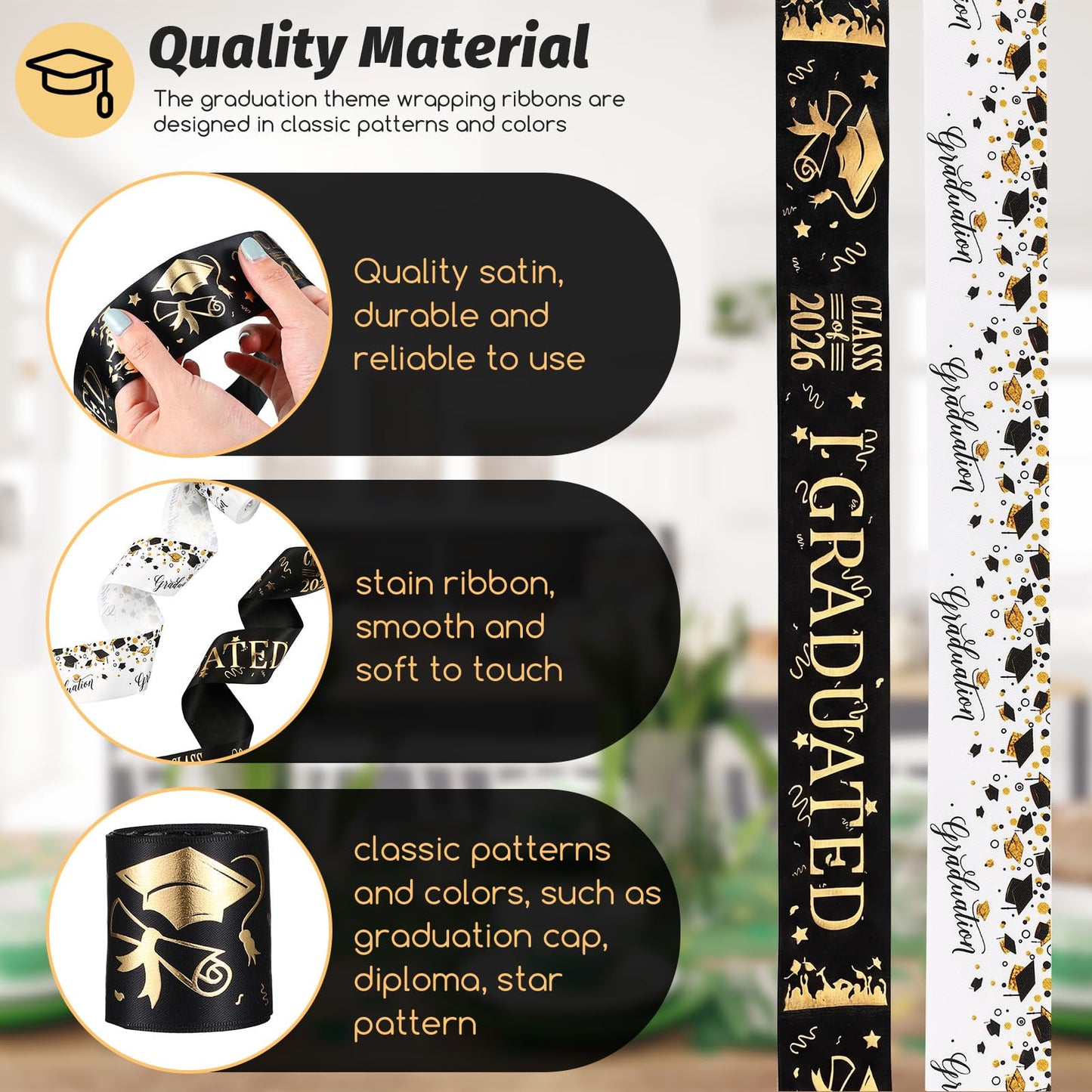 WILLBOND 2 Rolls Class of 2026 Graduation Craft Ribbons 7/8 Inch x 10 Yards Congrats Grad Black White Gold Satin Ribbon for Graduation Party Favors Ribbon for Wrapping Gifts Headband Bow