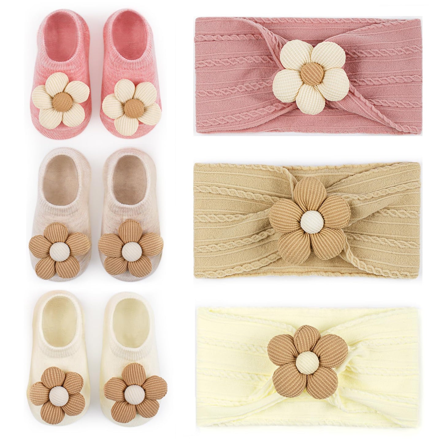 COZYOFFI Baby Flower Headband and Socks: Cute Headband and Socks Sets for Toddler Newborn Infant Girl Pink Khaki Beige