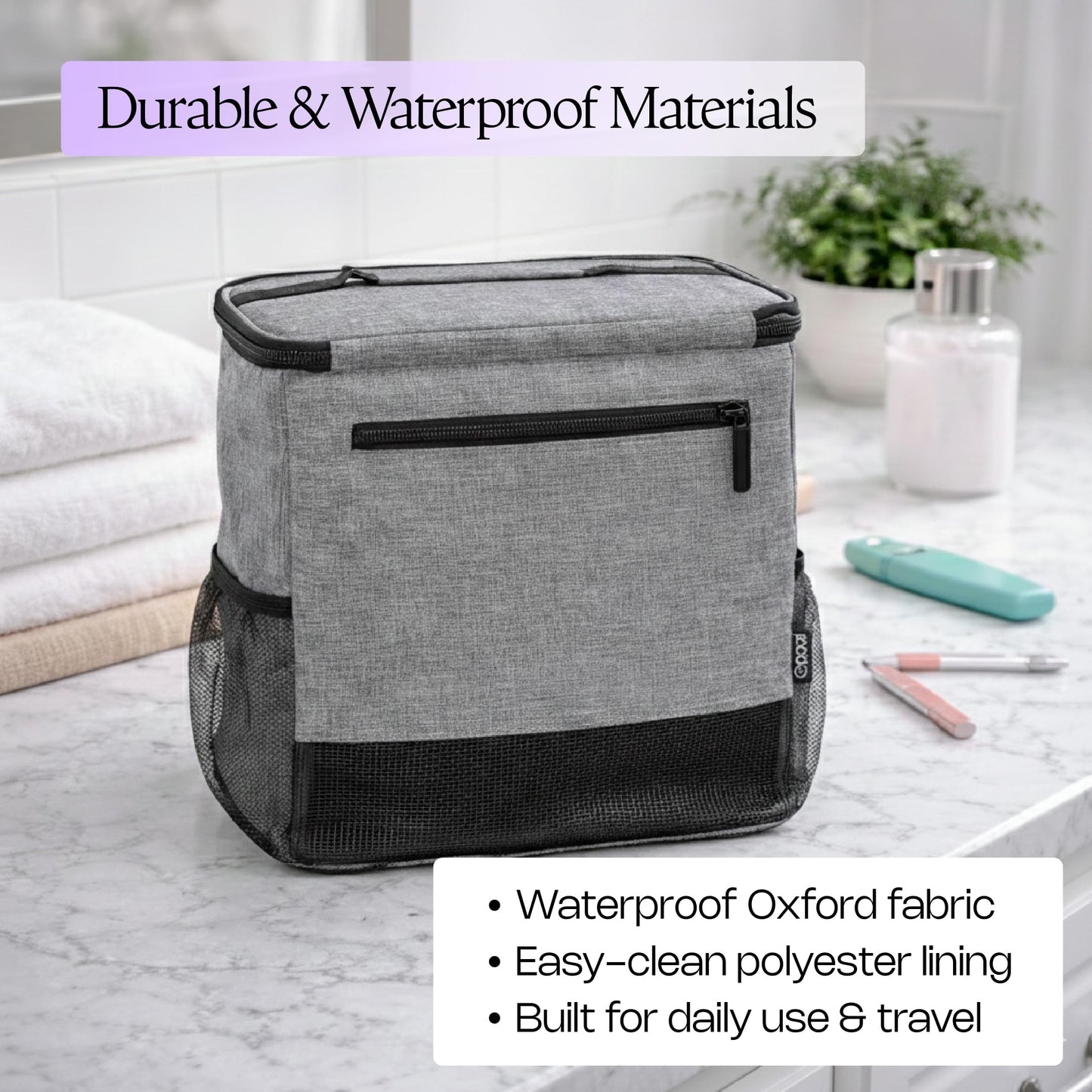 Opaal 11” Tall Vertical Makeup Organizer Bag – Professional Hairstylist Travel Bag for Hair Tools & Hairspray – Large Standing Waterproof Cosmetology Case for Full-Size Toiletries & Bottles