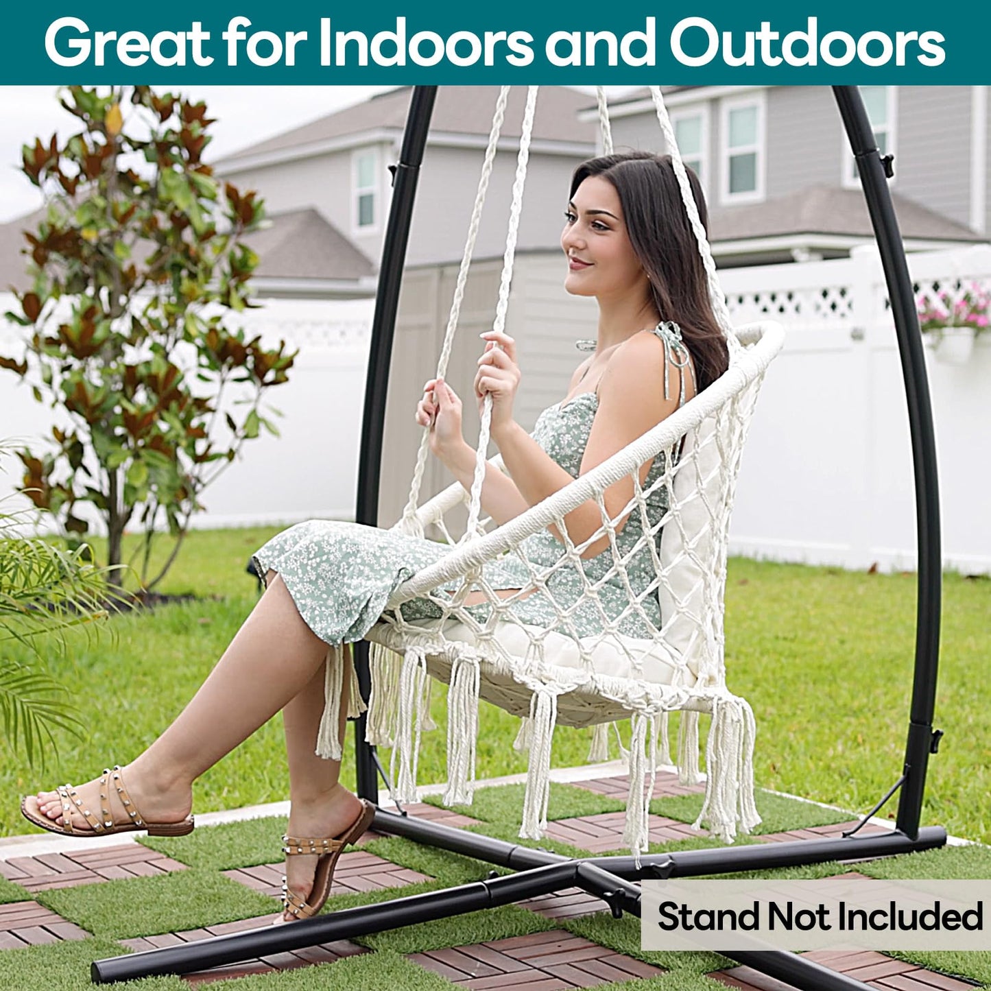 JoyView Macrame Hammock Chair Hanging Swing Chair Max 330 Lbs with 2 Cushions and Hardware Kits for Indoor Outdoor Bedroom Patio Garden - Beige