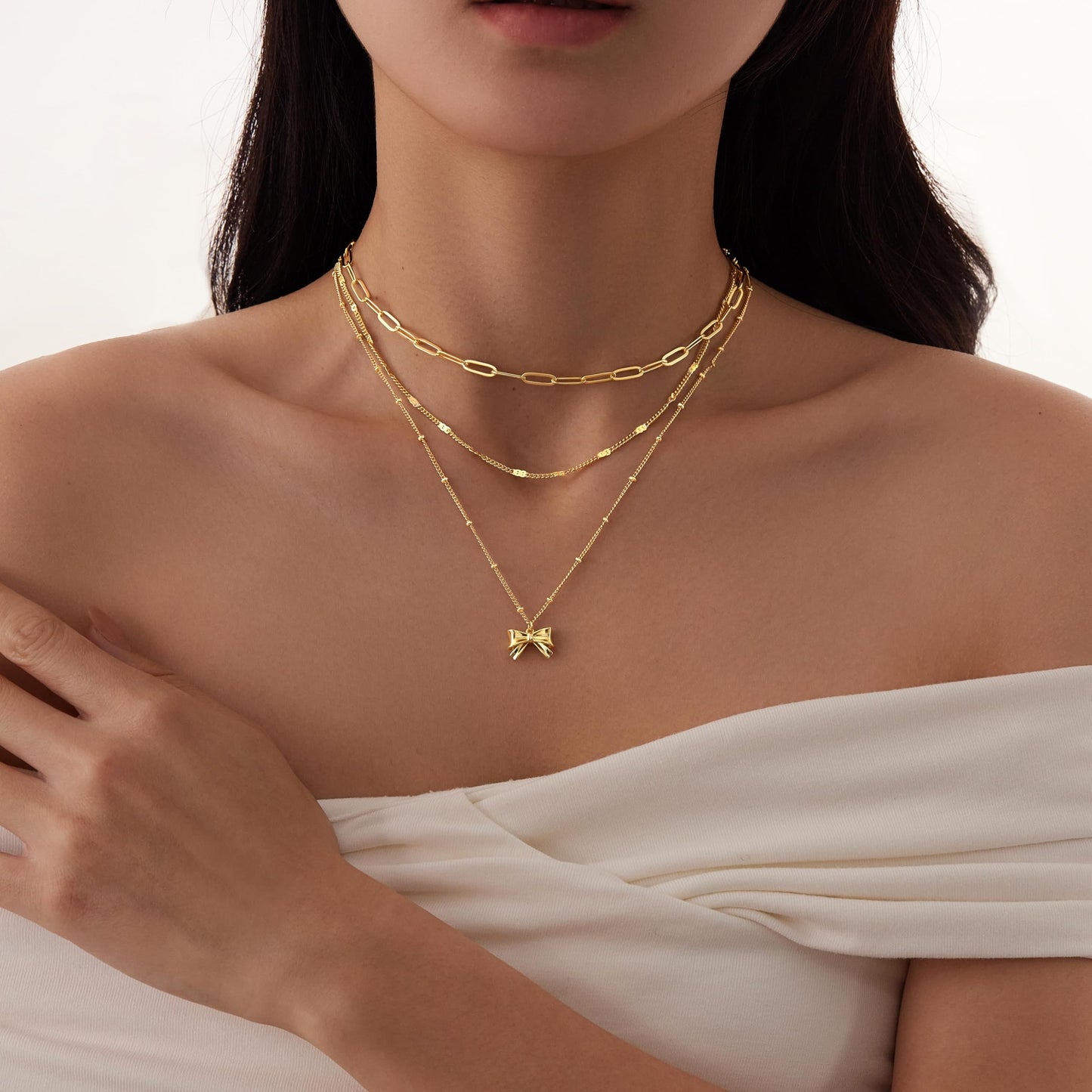 Layered Gold Bow Necklaces for Women,14k Gold Plated Dainty Stackable Choker Necklaces for Women,Trendy Layering Small Bow Pendant Paperclip Thin Chain Necklace Set Jewelry Gifts for Women