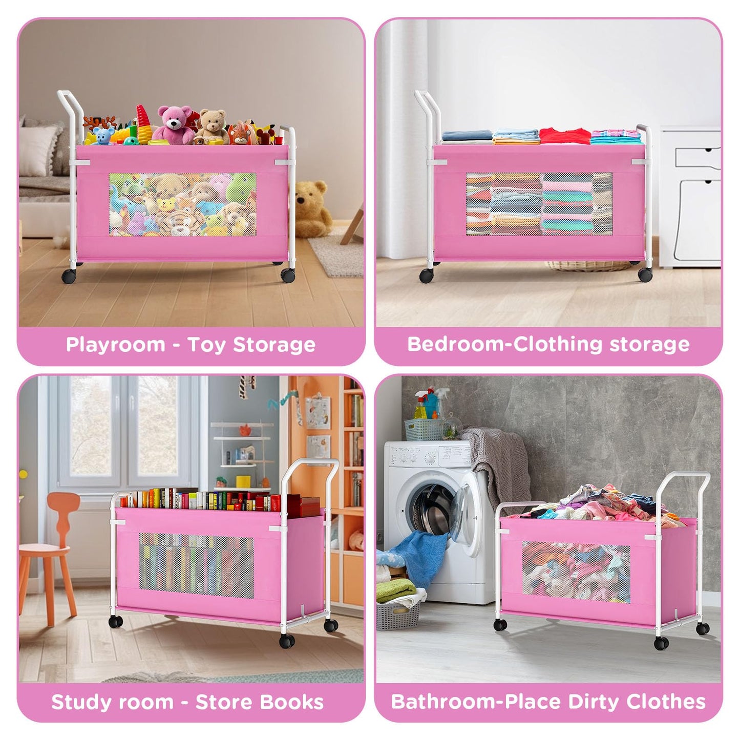 KEEGH Extra Large Toy Box for Kids with 360° Rotating Wheels, Heavy Duty Toy Chest for Boys and Girls, Toy Storage Organizer for Kids, Toy Bins for Living Room, Nursery, Bedroom (Pink)