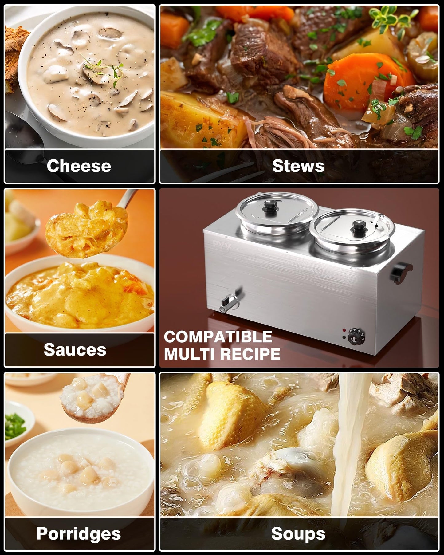 PYY Soup Warmer Commercial - Two 9.2QT Stainless Steel Bain Marie Round Pot 86~185°F Adjustable Temp, 1500W Electric Soup Warmer Countertop with Anti-Dry Burn and Reset Button for Restaurant, Buffet